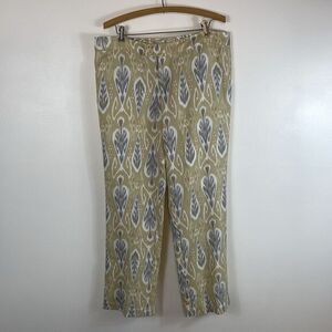 Ecru Womens Rice Pants Wide Leg Linen Blend Beige Blue Ikat Flat Front Size 12